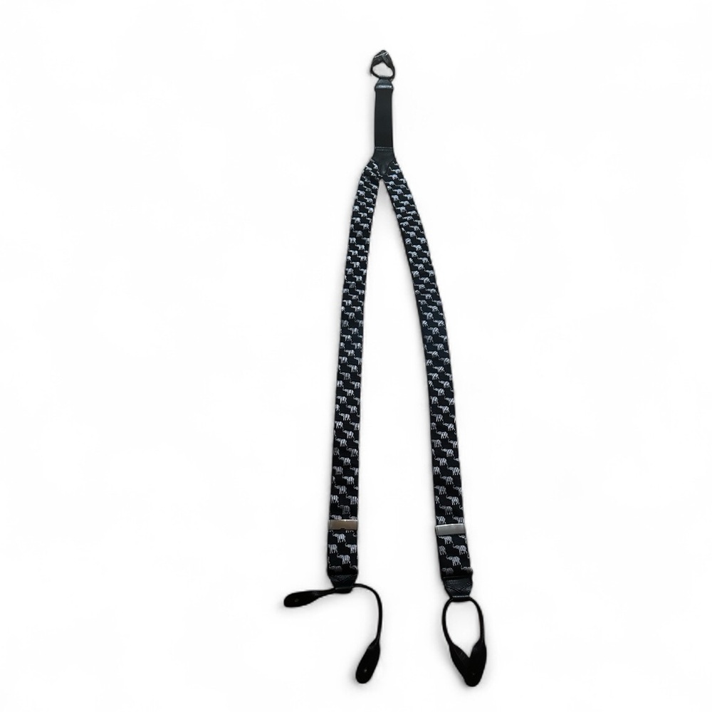 Elephant patterned black and White suspenders, made in England